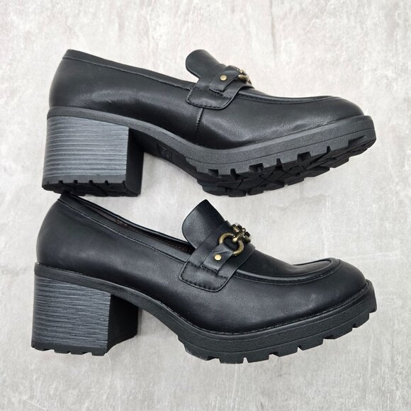 WM Platform Loafers 10 Black Faux Leather Y2K Retro Academia Preppy Chunky Shoes - Picture 6 of 12